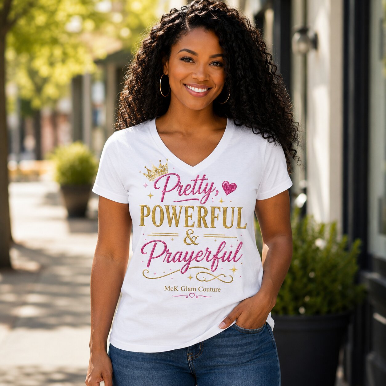 Pretty Powerful & Prayerful Women's V-Neck Tee