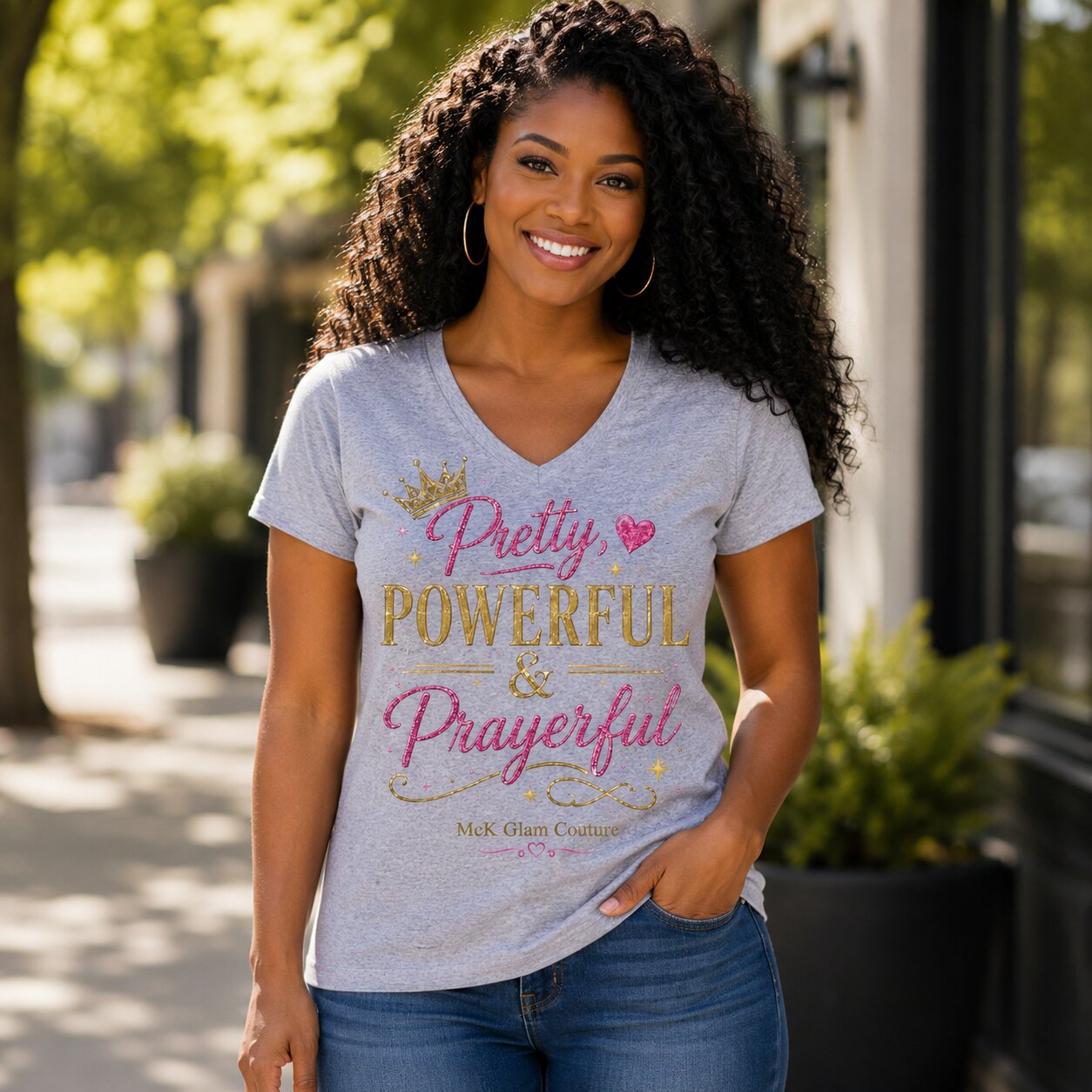 Pretty Powerful & Prayerful Women's V-Neck Tee