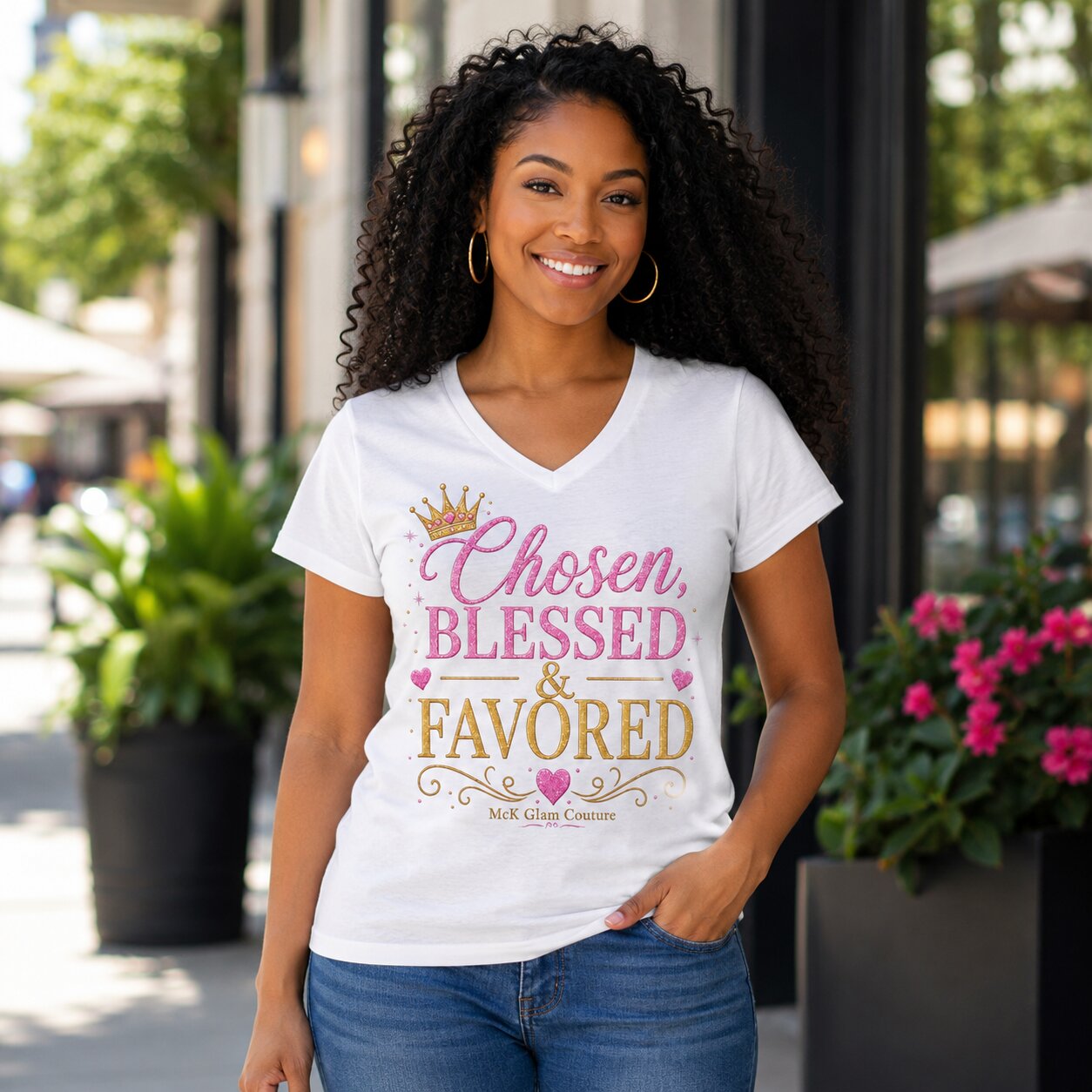 Chosen Blessed & Favored Women's V-Neck Tee
