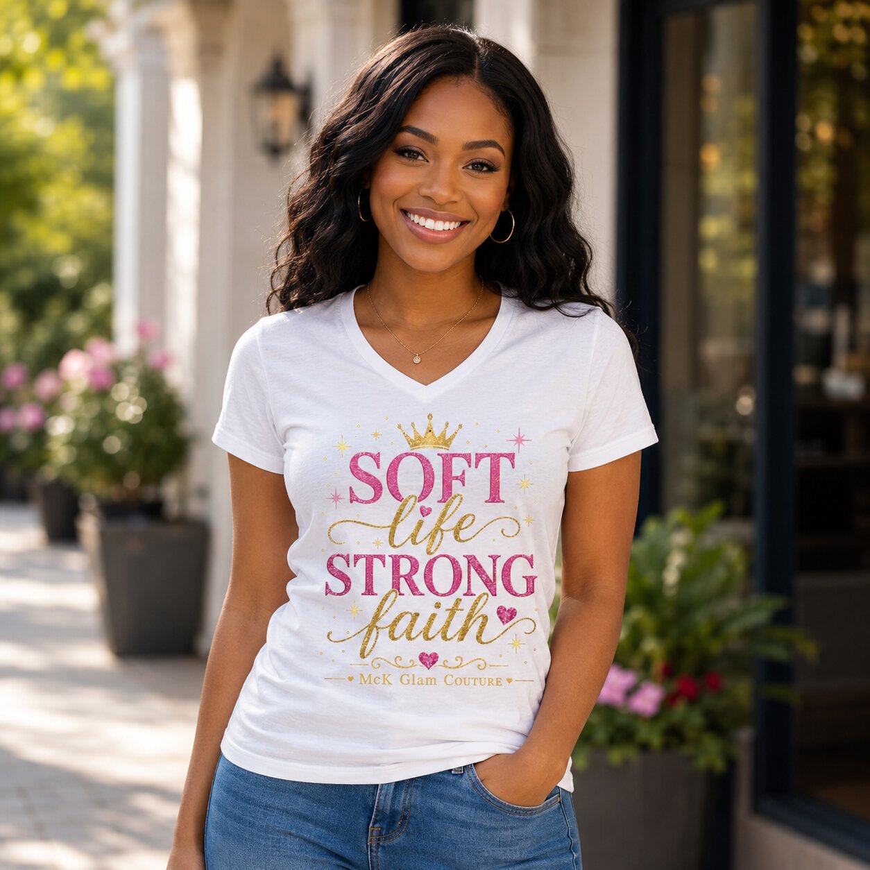 Soft Life Strong Faith Women's V-Neck Tee